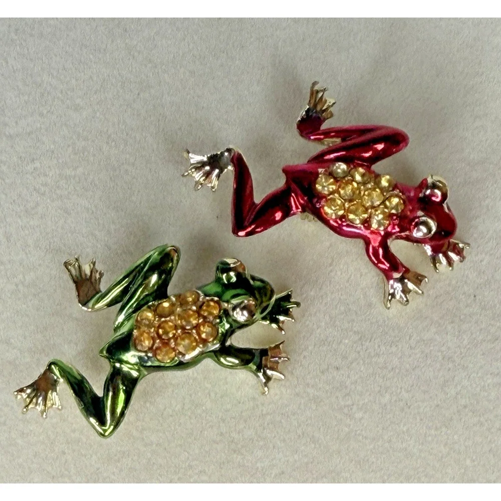 Frog Scatter Brooch Pin Set Red Green Enamel-Like Rhinestone Jeweled 2pc